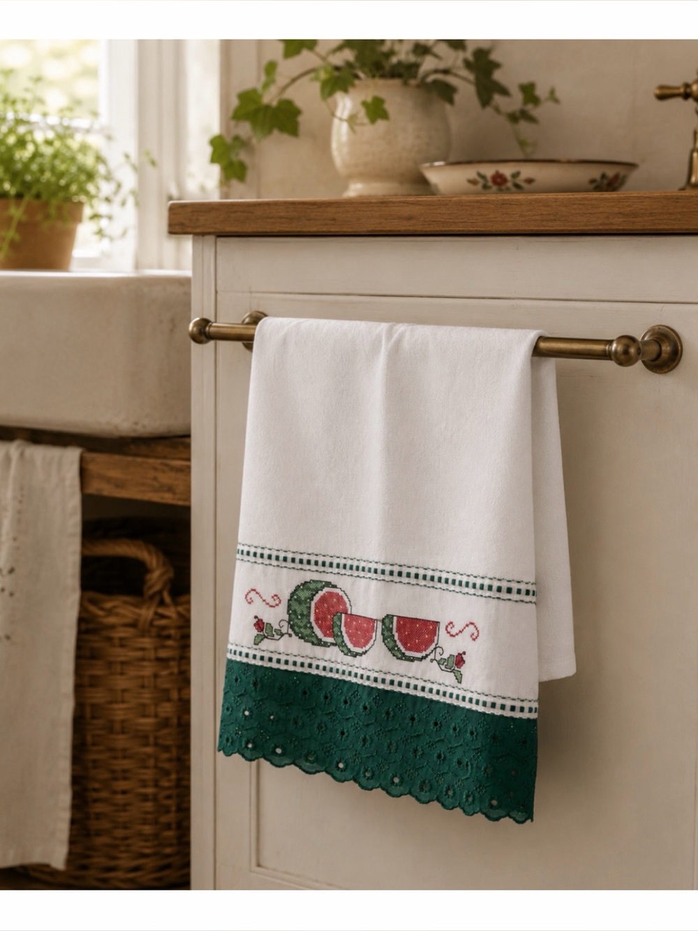 (VTG) Cross-Stitch Embroidered Watermelon Kitchen Towel with Green Lace Trim, OS